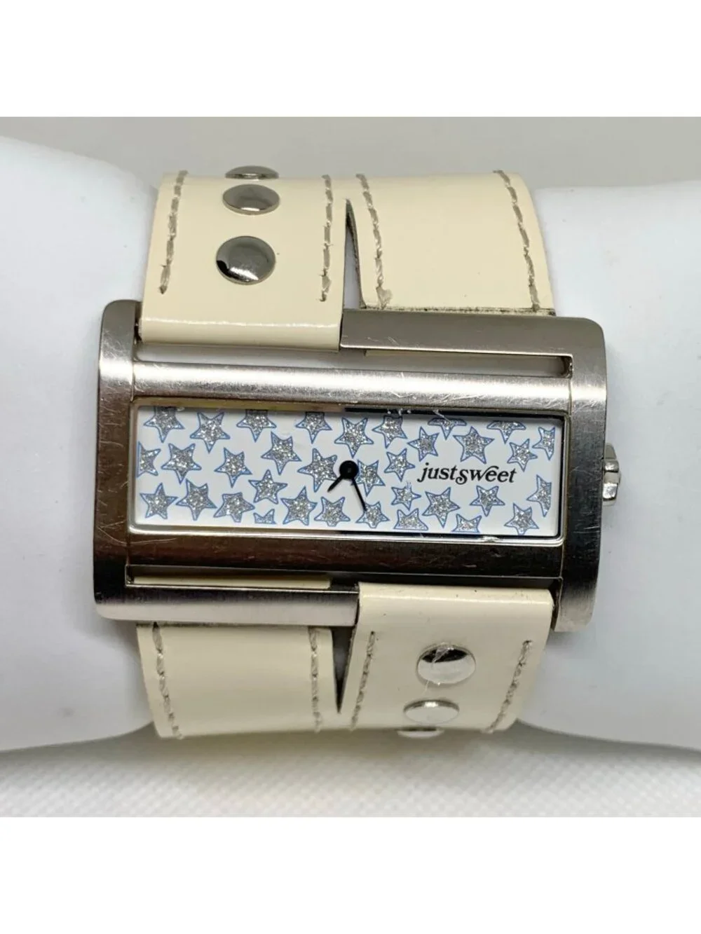 Just Sweet silver tone watch 50mm wide case band quartz analog stars running